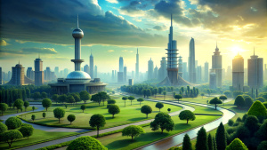 futuristic city with park on left side