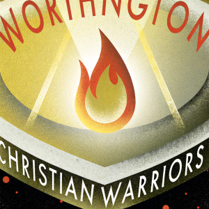 The Worthington Christian Warriors logo, featuring a fierce flame graphic, set against a bold, dynamic background of fiery reds and glowing golds.
