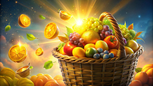 Generate an image of a basket overflowing with fruits, where each fruit turns into a golden coin.