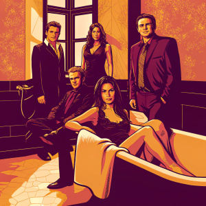 Cast of 'How I Met Your Mother' in formal wear. Marshall Eriksen, Ted Mosby, Robin Scherbatsky, Lily Aldrin, and Barney Stinson posing in a luxurious bathroom with a bathtub and towel rack. Dark and semi-formal outfits.