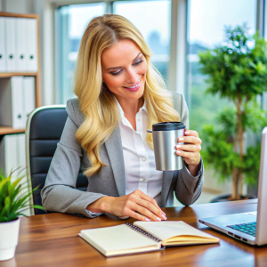 señorita de cabello rubio tomando café en un cups termo en su escritorio de trabajo