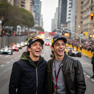 Marc Marquez and Valentino Rossi laughing and posing for the cameras after a grand prix. They are in casual attire and the background is a bustling, vibrant city street.