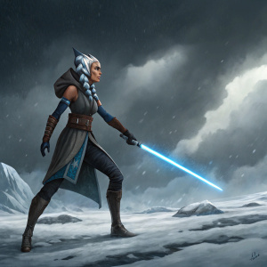 Ahsoka Tano, Jedi Knight, wielding her blue lightsaber. Starkiller Base, icy terrain and dark storm clouds