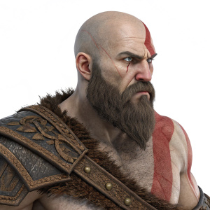 Kratos, from the God of War series, modeled in 3D with intricate details. Bald head, scar, full beard. Grim expression. Set against a plain white background.