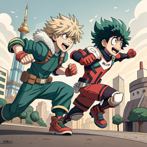 Digital illustration of My Hero Academia characters in dynamic poses. Cartoonish style