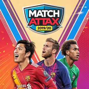 Digital illustration for Match Attax 2019/20 featuring vibrant trading card game packaging design. Soccer players from multiple teams showcased in dynamic poses. Colorful background with game logo prominently displayed.