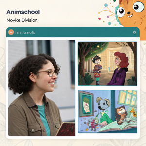 Screenshot from AnimSchool website highlighting Novice Division winners. Various 2D and 3D art pieces showcased.