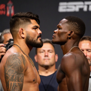 Kelvin Gastelum and Israel Adesanya in intense UFC weigh-in. Audience in background.