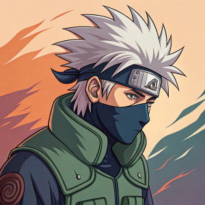 A vibrant digital illustration of Kakashi Hatake from Naruto. His hair is messy and wild. He wears a ninja outfit with hitai-ite. The artwork is colorful and dynamic, with bold lines and shading.