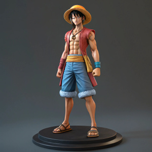 3D render of Monkey D. Luffy from One Piece. Standing on dark circular base, muscular build, determined expression, pirate hat, blue denim shorts, detailed wrappings on wrists. High-resolution, focused on physique and features.