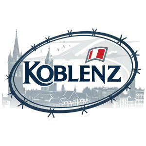 Modern logo design for Koblenz. Oval-shaped background with sharp edges, angular font spelling out 'Koblenz', small red square element.