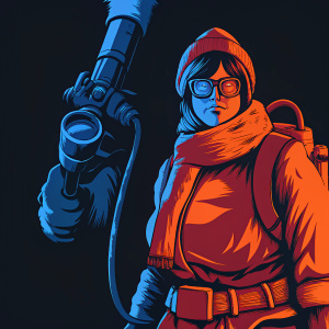 Digital artwork of Overwatch character Mei. Low-poly art style. Black background. Created by ArtistName