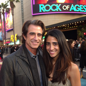Dermot Mulroney and Tharita Catulle smiling at a Hollywood outdoor event. Behind them, a vibrant 'Rock of Ages' billboard.