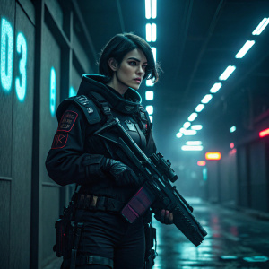 Cassandra Snegovski, a young woman with short dark hair, dressed in futuristic combat gear, holding a high-tech weapon. Dark, neon-lit alley background.
