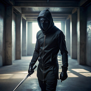 hooded figure with a slim build, carrying a long blade in their left hand. The character is wearing all black from head to toe, with a balaclava covering their face. The setting is indoors, and the lighting is dim. Show shadows surrounding the character as they carefully move through a small opening.