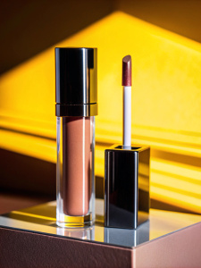 product photography, liquid lip gloss with a brush, standing on a podium, bright studio light, professional photography, white background