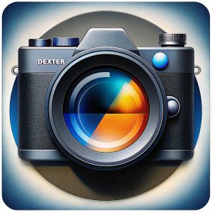 crear logo con diafragma de camara fotografica en blanco y negro agregar la palabra DEXTER como la marca o nombre del logo con fondo transparente inspirado en el retrato y foto de naturaleza agregar un poco de naranja y azul y unco mas minimalista