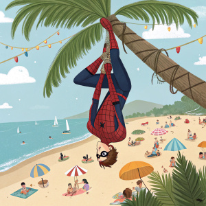 Peter Parker, in his Spider-Man suit, hanging upside down from a palm tree in the middle of a bustling tropical beach party.