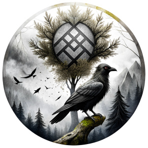 Yggdrasil vegvisir runes  geometric Symbols - raven and trees - perfect realistic art, high-definition, high-definition grey and black, white background 