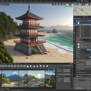 Screenshot of Blender software, highlighting Toon Ocean Kaicho plugin. Multiple panels showing various stages of 3D model creation. Interface filled with buttons and tools for easy navigation and manipulation of elements.