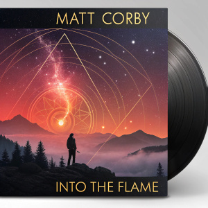 Matt Corby's album 'Into the Flame' featuring a sleek, digital cover art. The artwork displays an abstract landscape with glowing, celestial elements.