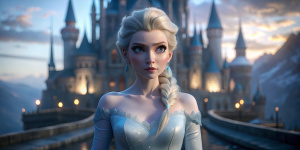 Full body Elsa from Disney Live series, (detailed stunning castle environment), cinematic, cover art, full body, Elsa with wall in background, highly detailed, smooth, sharp focus, cinematic lighting, atmospheric, ultra photorealistic, 8k sharp focus, smiling Attractively athletic, surprised, full length view, giving daring low-cut pose

