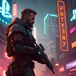Promotional art for Cyberpunk 2077 featuring a rugged male character. Wearing tactical gear, holding a high-tech weapon. Neon-lit cityscape backdrop. Glossy finish with prominent PlayStation logo.