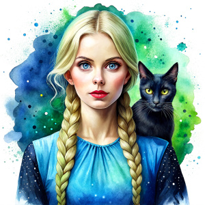 witch, blonde hair, braided plait, green dress, blue eyes, black cat sitting next to her on white background