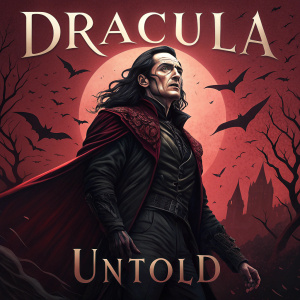 Poster for 'DRACULA Untold'. Dracula in a dramatic pose, intense expression. Long dark hair, deep red background. Bloodlines mentioned.