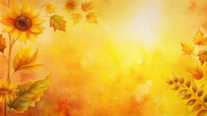Yellow to orange gradient background with a subtle grainy texture and shadows of sunflowers and oak leaves.