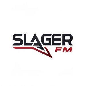 Modern logo design for Slager FM. Bold, angular typography. Dark color scheme. White background. Centered layout
