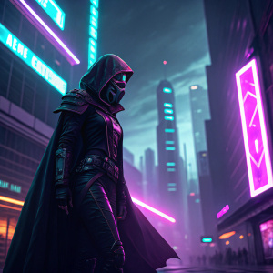Illustration of Sombra. Cyberpunk themed, neon lights in the background