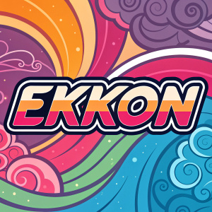 EKKON logo in a vibrant, creative layout. The backdrop is an array of swirling colors and shapes.