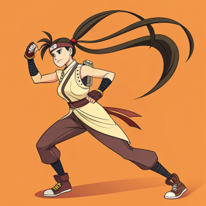 Ibuki, a female character from anime, depicted in vibrant illustration. Dark hair styled in long, flowing tails. Dynamic pose against solid orange backdrop.
