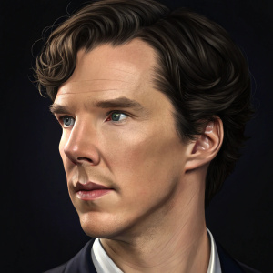 Close-up digital portrait of Benedict Cumberbatch. Detailed rendering emphasizing facial features including hair, eyes, nose, and mouth. Dark background.