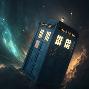 The iconic blue police phone booth, known as the TARDIS from Doctor Who. Floating in an ethereal, dark nebula. The glowing windows emit a warm, comforting light, casting shadows on the swirling smoke-like background.
