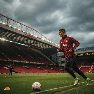 Cristiano Ronaldo during a training session at Old Trafford, Manchester United jersey