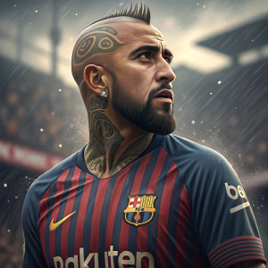Arturo Vidal, soccer star, intense gaze. Bald head, tribal tattoos. Striped jersey, sponsor's logo visible. Fuzzy crowd at match day