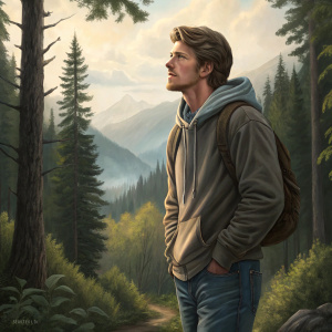 Garrett Hedlund, casual outdoors. Jeans and hoodie. Background of dense forest and misty mountains