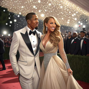 Nick Cannon and Mariah Carey at the Met Gala. They're dressed in elaborate gowns and suits. Nick wears a tuxedo, Mariah in a glamorous, flowing gown. Sparkling lights and crowd in the background.