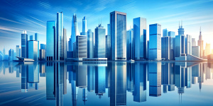 Modern skyscrapers of a smart city, futuristic financial district, graphic perspective of buildings and reflections - Architectural blue background for corporate and business brochure template 