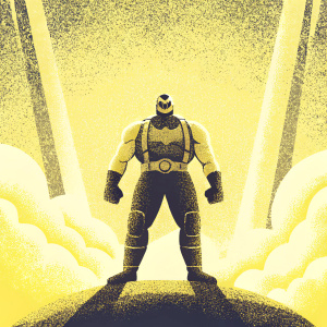 Illustration of Bane, Batman villain, standing on rocky platform, muscular build, wearing armor. Dark, detailed background. Promoting action figure from Prime 1 Studio.