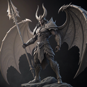 3D render of Aatrox, a powerful warrior with dark horns and fierce expression. He wields a massive spear and has expansive wings. Detailed gray textures, dramatic lighting, dark background