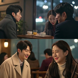 A cinematic montage of a korean drama series. Scenes range from cozy cafes to formal gatherings. Characters express joy, sorrow, and deep connection. Muted tones and soft lighting enhance the emotional narrative.