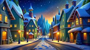 cartoon city street in winter colored houses road from left to right