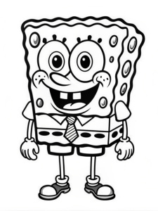 Draw SpongeBob SquarePants 
 and convert the image into a black and white coloring page for children. Please outline the areas that the child will color with clear, thin black lines of 0,1 mm thickness, leaving the coloring areas white.