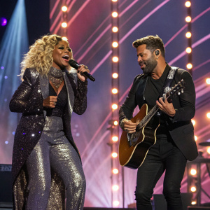 Mary J. Blige and Ricky Martin on stage. Concert backdrop
