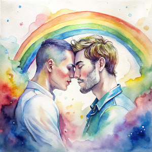 "Pride and Passion" : an illustration showing two gay men kissing under a rainbow, with the caption "Pride and Passion"