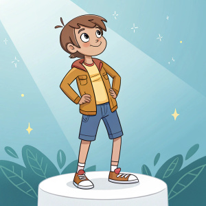 Cody from Total Drama standing on a white pedestal. Cartoonish look with short brown hair. Character wears a casual outfit. Bright, animated background.