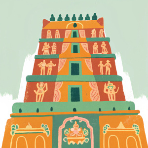 A detailed and colorful temple sculpture in Kerala, India. Multicolored statues, featuring blue, green, red, gold and more. Intricate designs of deities and mythological figures in different poses. Multi-level structure with ornate architectural elements.